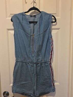 Light Blue Chambray Romper with Striped Side Detail